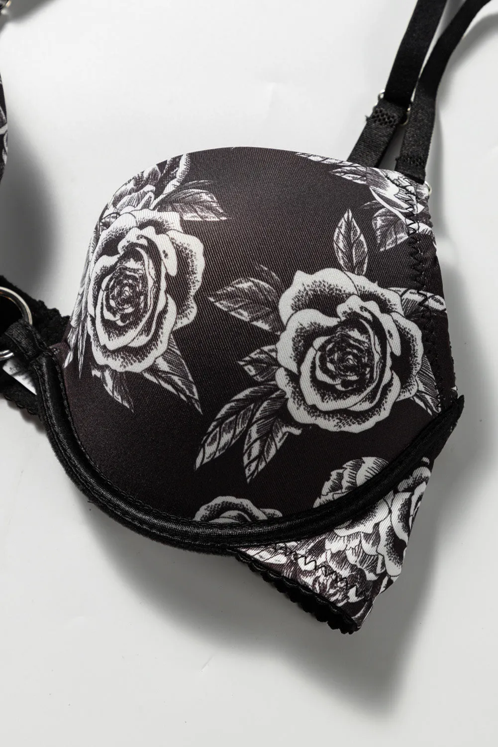 Black Floral Print Underwire Garter Lingerie Set