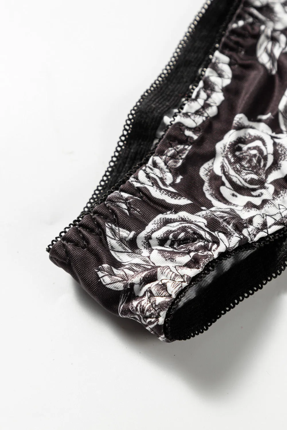 Black Floral Print Underwire Garter Lingerie Set