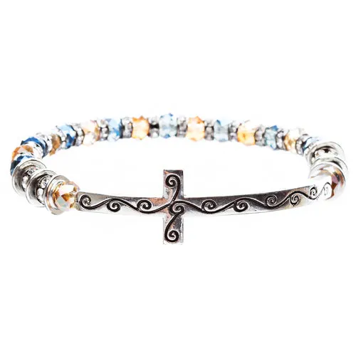 Cross Jewelry Crystal Rhinestone Gorgeous Cross Stretch Bracelet B466 Blue
