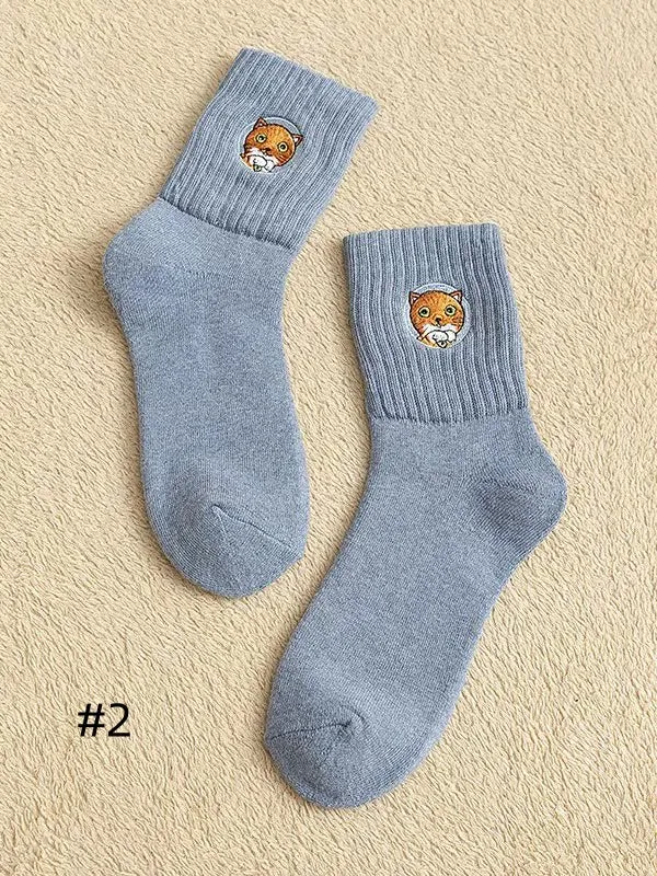 Cute Kitty Embroidered Calf Socks
