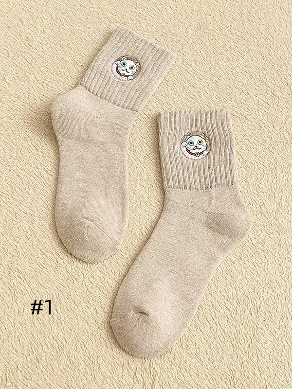 Cute Kitty Embroidered Calf Socks