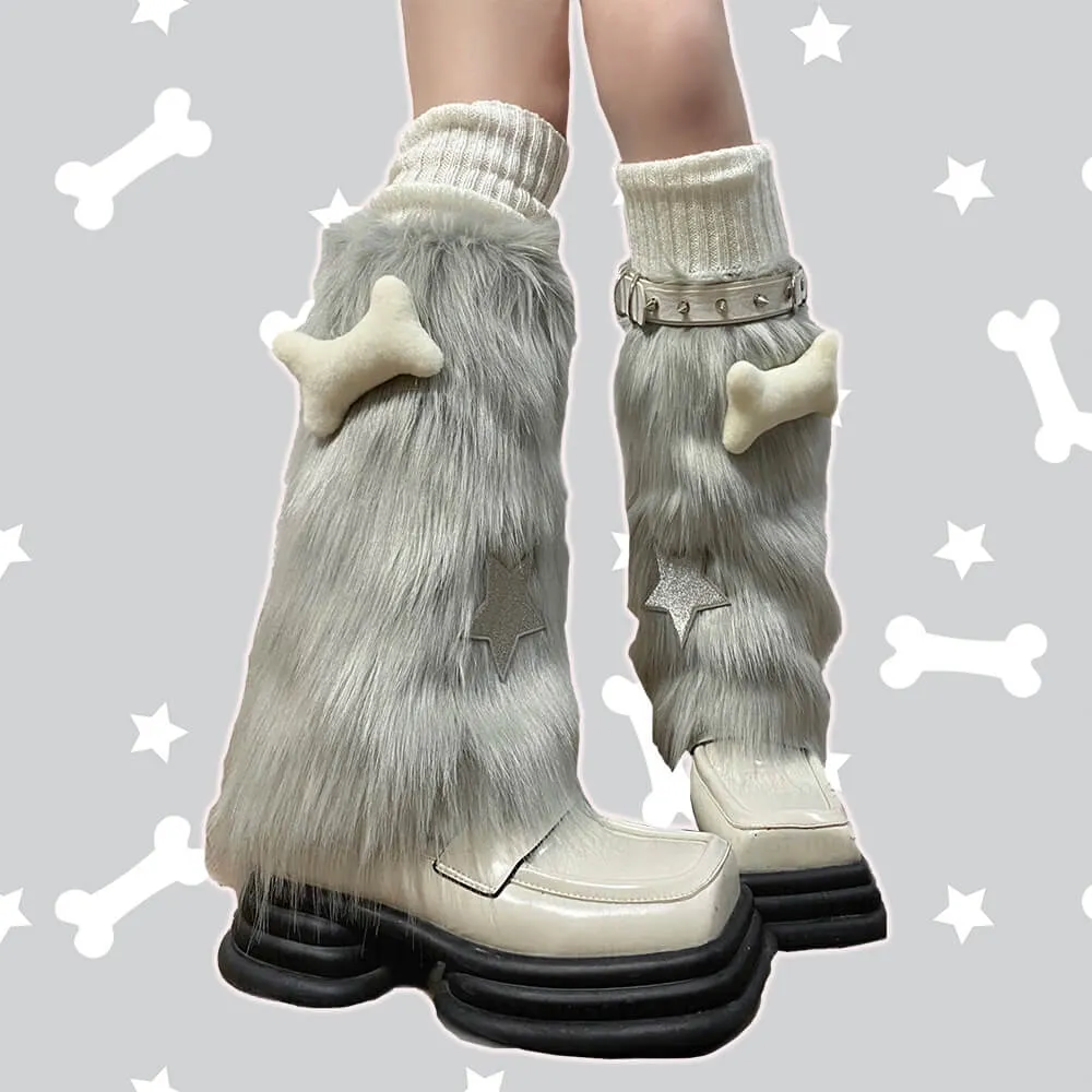 Grey Star Bone Fuzzy Leg Warmers with Rivets Ring
