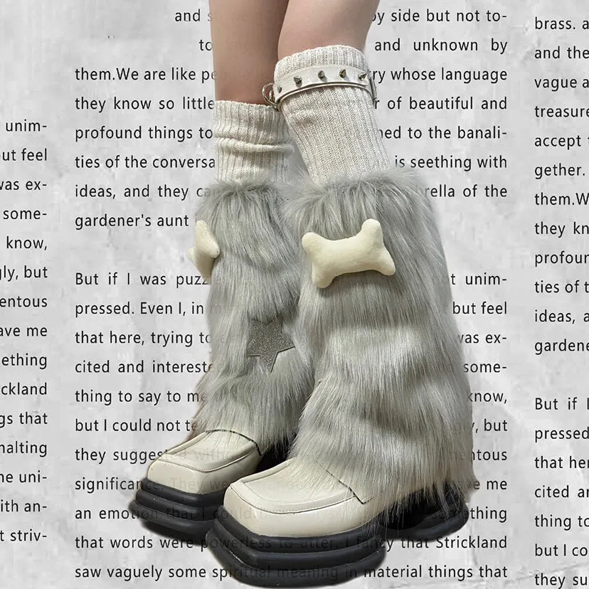 Grey Star Bone Fuzzy Leg Warmers with Rivets Ring