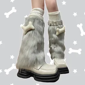 Grey Star Bone Fuzzy Leg Warmers with Rivets Ring