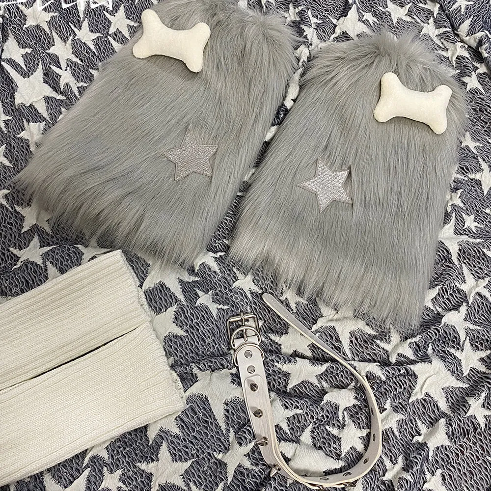 Grey Star Bone Fuzzy Leg Warmers with Rivets Ring