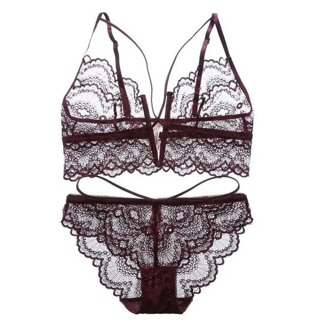 Lingerie Deep V-Neck Solid Color Bra Set