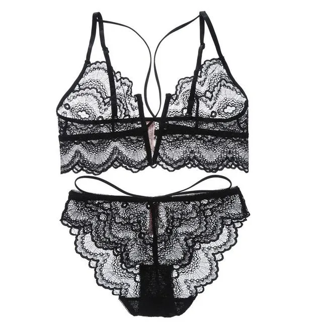 Lingerie Deep V-Neck Solid Color Bra Set