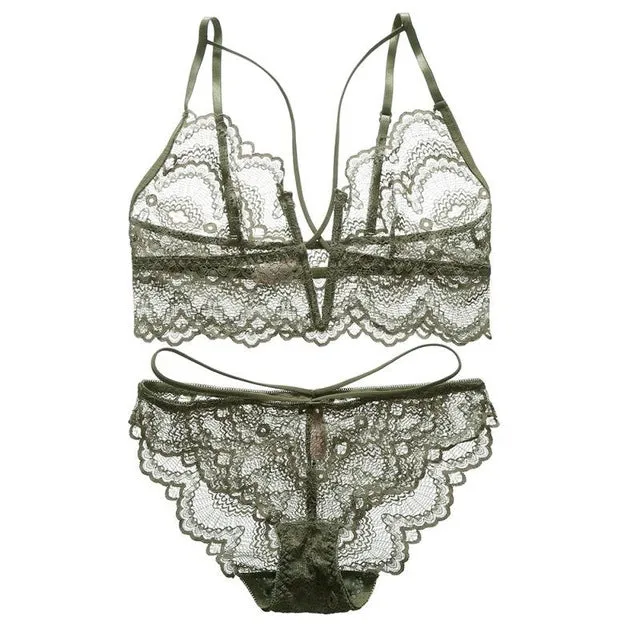 Lingerie Deep V-Neck Solid Color Bra Set