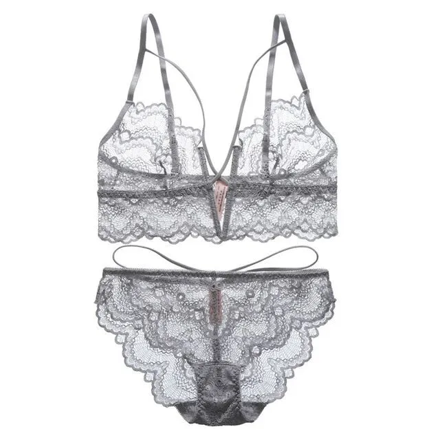 Lingerie Deep V-Neck Solid Color Bra Set