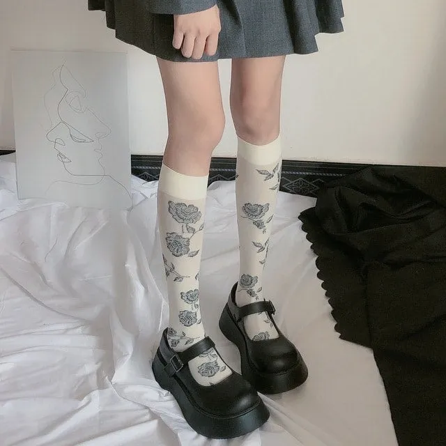 Lolita Roses Black Knee Long Socks