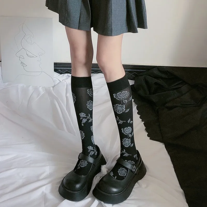 Lolita Roses Black Knee Long Socks