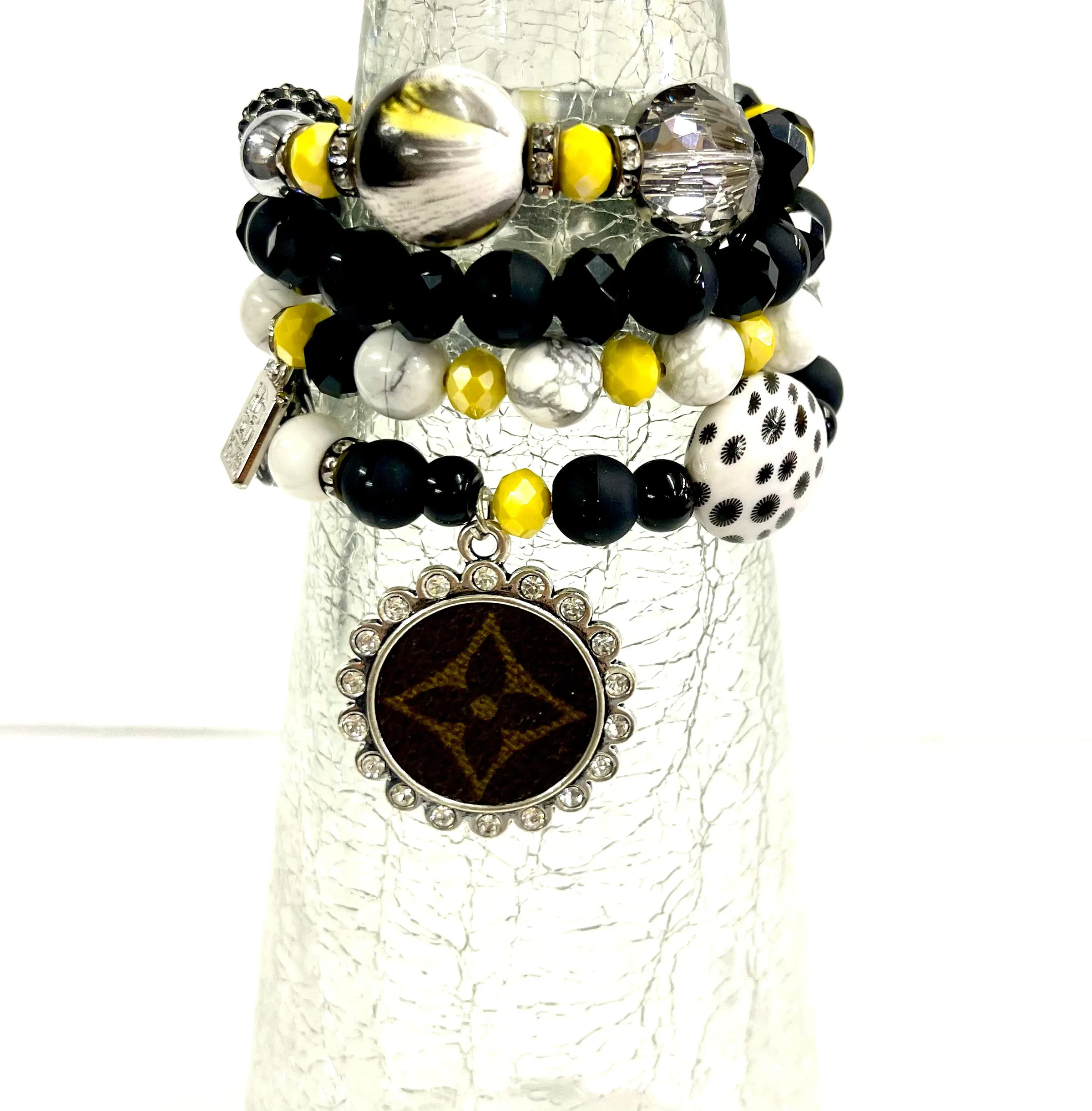 Yellow Dusting bling Stacked Bracelet set- silver clear